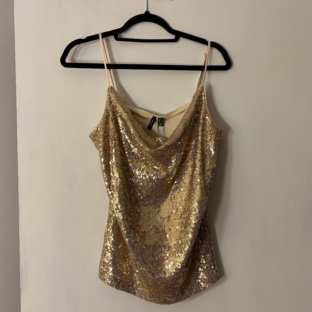 Vero Moda Gold Sequin Sparkly Cowl Neck Tank Top Size Large
